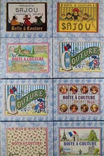 a collection of vintage-style labels and illustrations related to fashion and culture, including the words "Sajou", " Couture", and "Boite à Couture".