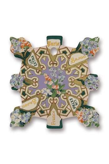 The image is a decorative piece featuring a floral design with various labels and text elements.