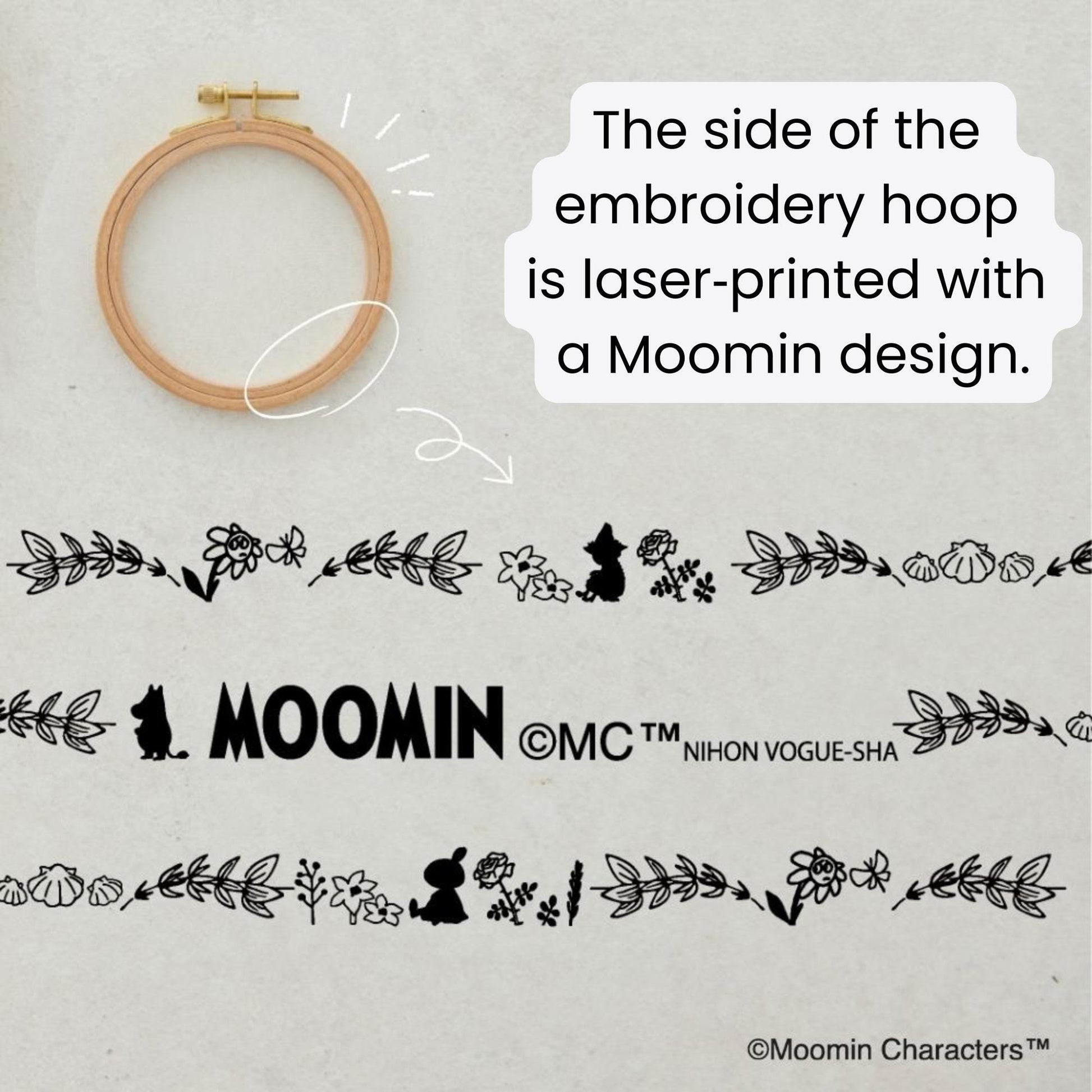 a wooden embroidery hoop with a Moomin design, and there is a text overlay that reads "The side of the embroidery hoop is laser-printed with a Moomin design."