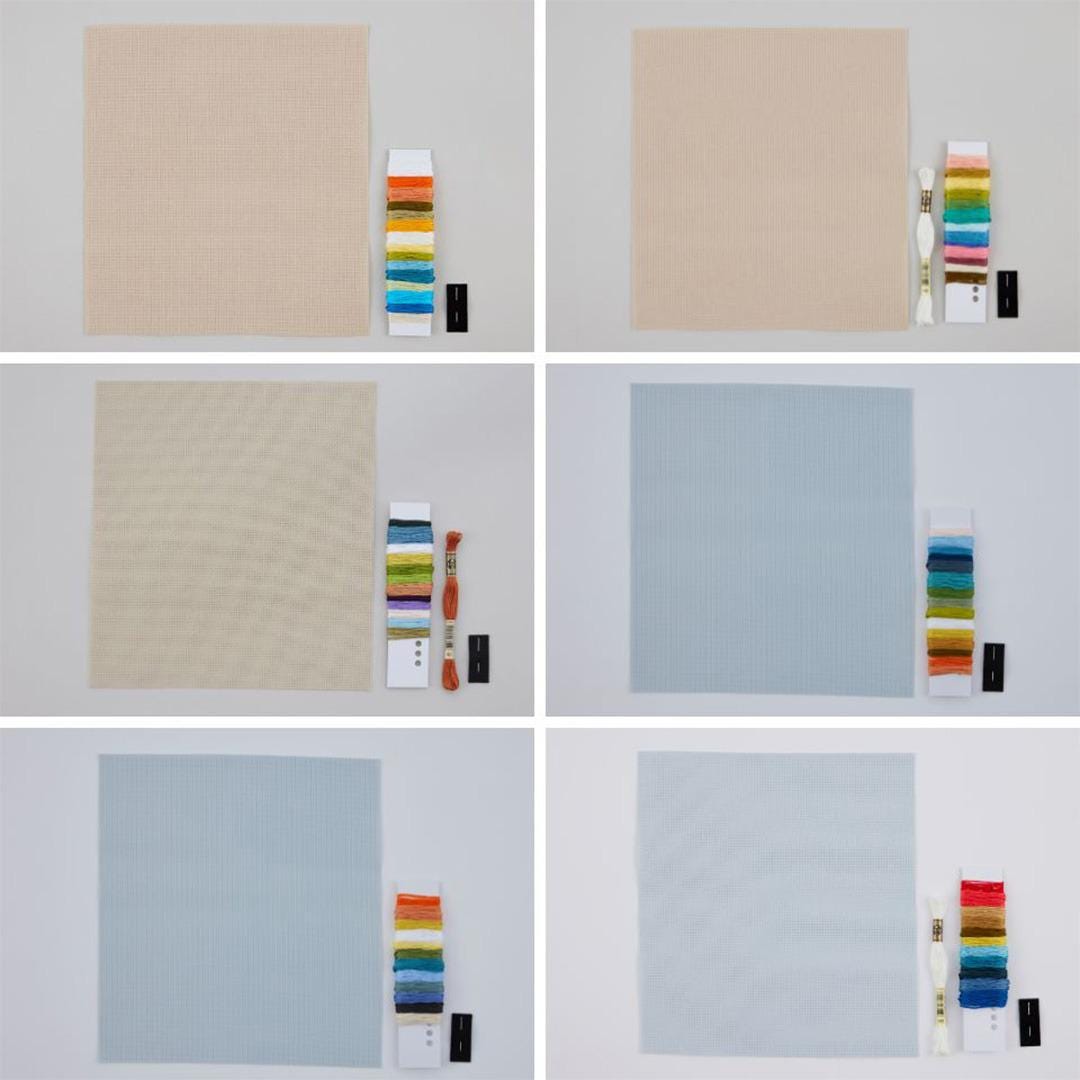 The image is a collage of six images showing different shades of gray fabric, along with embroidery floss and a needle.
