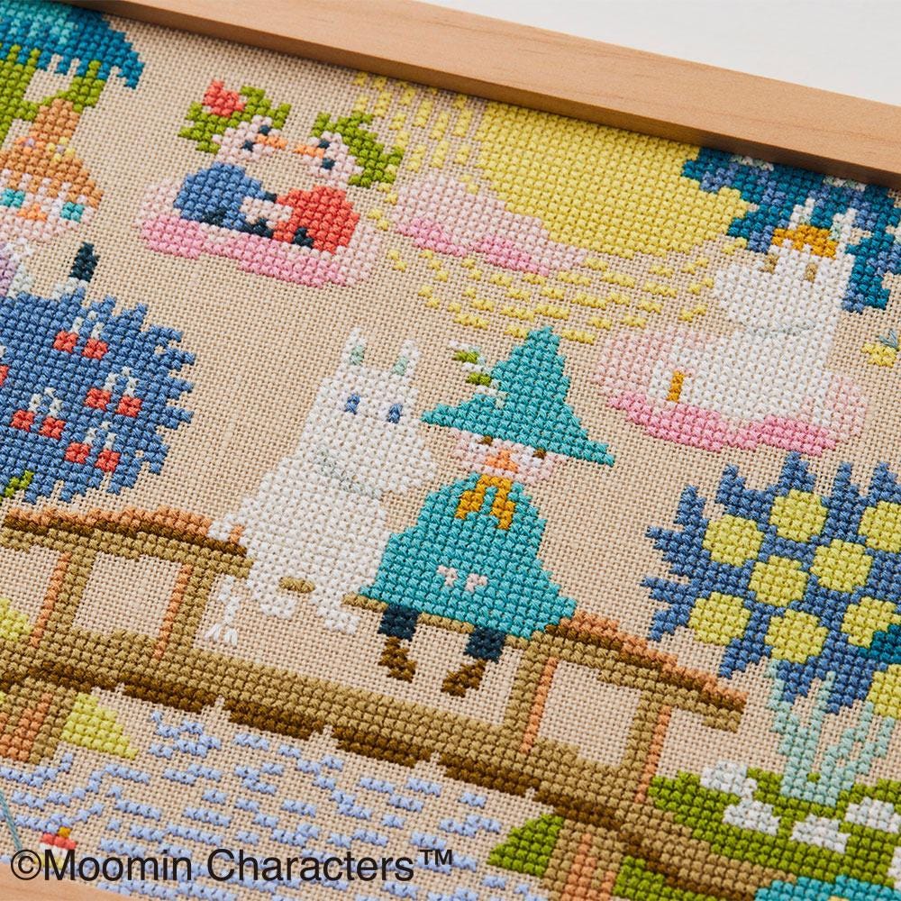 The image is a cross-stitch embroidery depicting various characters from the Moomin franchise, including a character with a blue hat and a character with a green hat. The characters are arranged in a playful and whimsical manner, creating a vibrant and engaging scene.