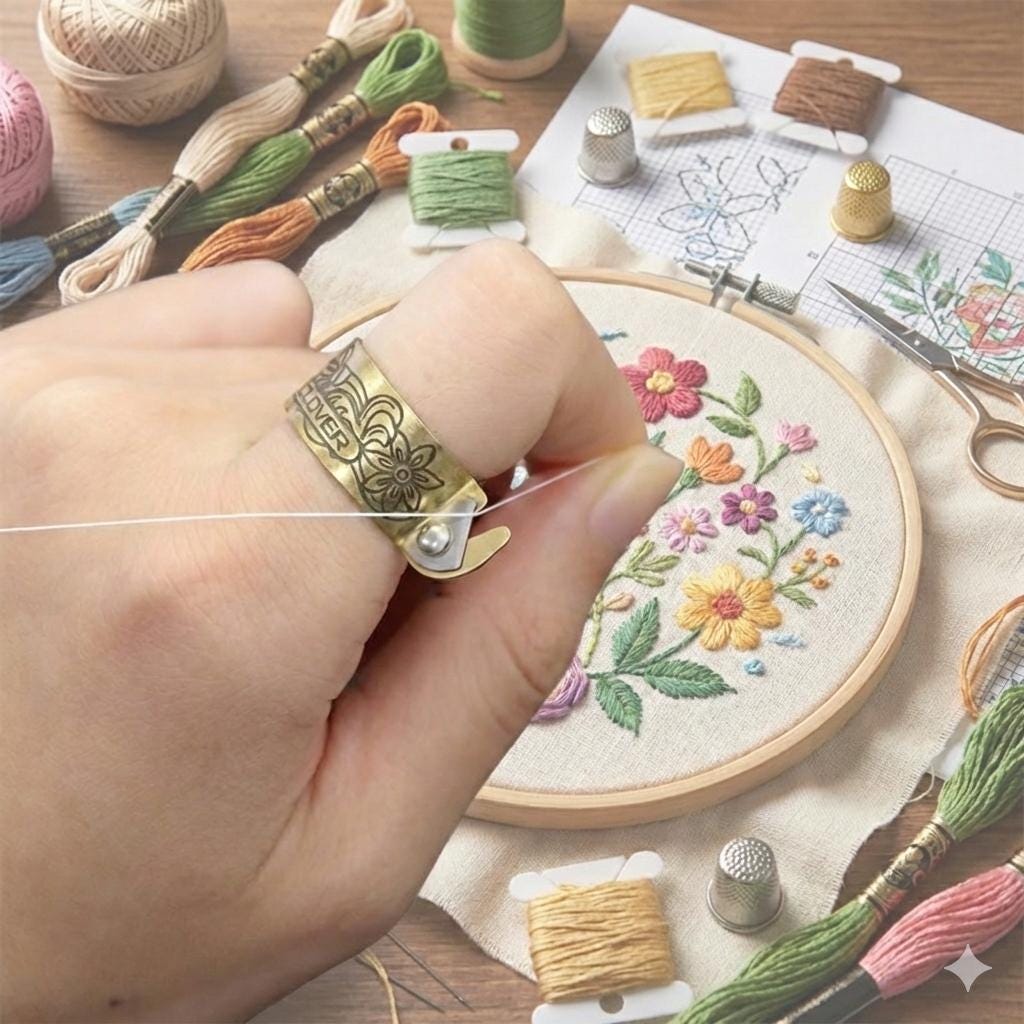 A hand is holding a ring with a floral design, surrounded by various embroidery supplies such as thread, needles, and a hoop with a floral pattern.