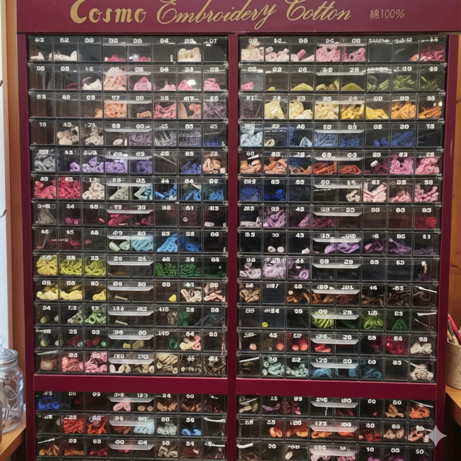 A large display case filled with various colored embroidery flosses, organized in rows and columns.