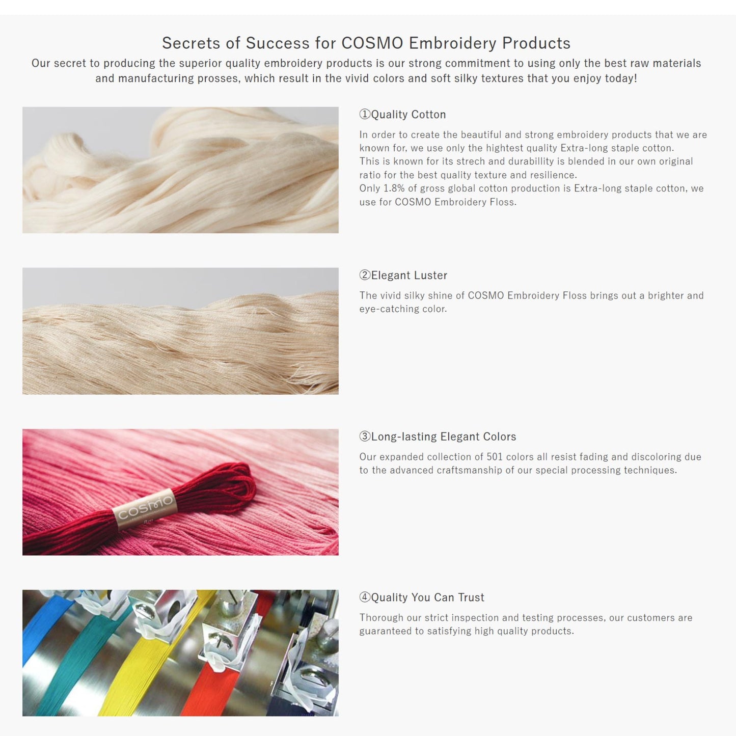 The image is a collage of four images showcasing different aspects of COSMO Embroidery Products, including quality cotton, elegant luster, long-lasting elegant colors, and quality you can trust.