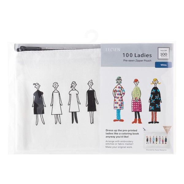 The image is a package for a pre-sewn zipper pouch featuring a collage of illustrations of various colored dresses and a description of how to use the pre-printed ladies.