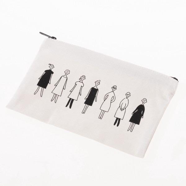A white pouch with a black line drawing of a group of people in various outfits.