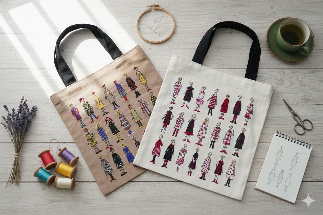 two tote bags with various designs of people, along with sewing supplies such as a cup, scissors, and a notebook.