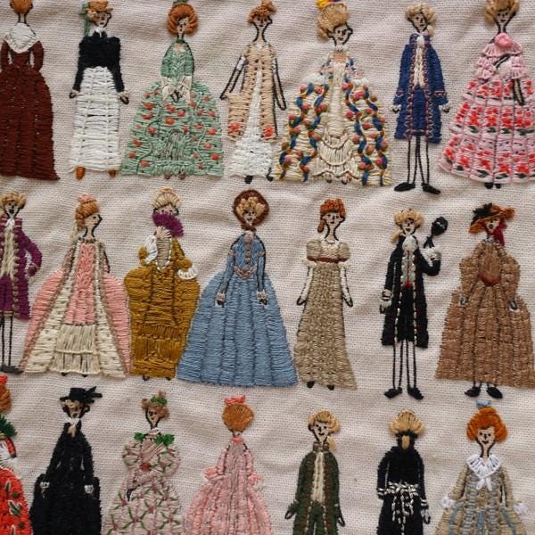 The image is a collage of various embroidered figures, each with distinct clothing and hairstyles, arranged in a grid-like pattern.