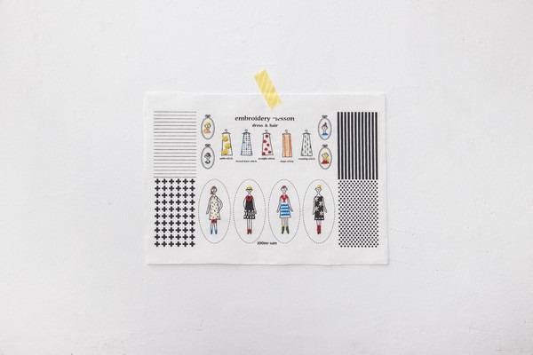 The image is a white paper with a collage of various fashion illustrations and patterns, including stripes, polka dots, and silhouettes of people.