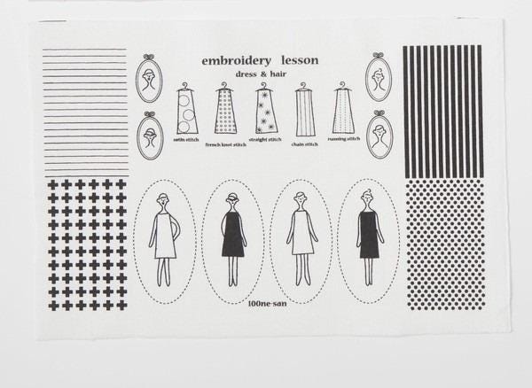 The image is an embroidery lesson, featuring various dress and hair designs along with illustrations of the designs.