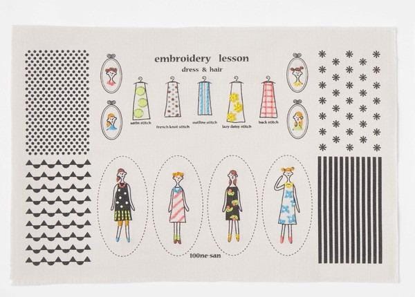 The image is an embroidery lesson featuring various dress and hair designs, along with illustrations of people wearing the designs.