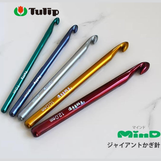 A collection of five colorful crochet hooks arranged on a white background.