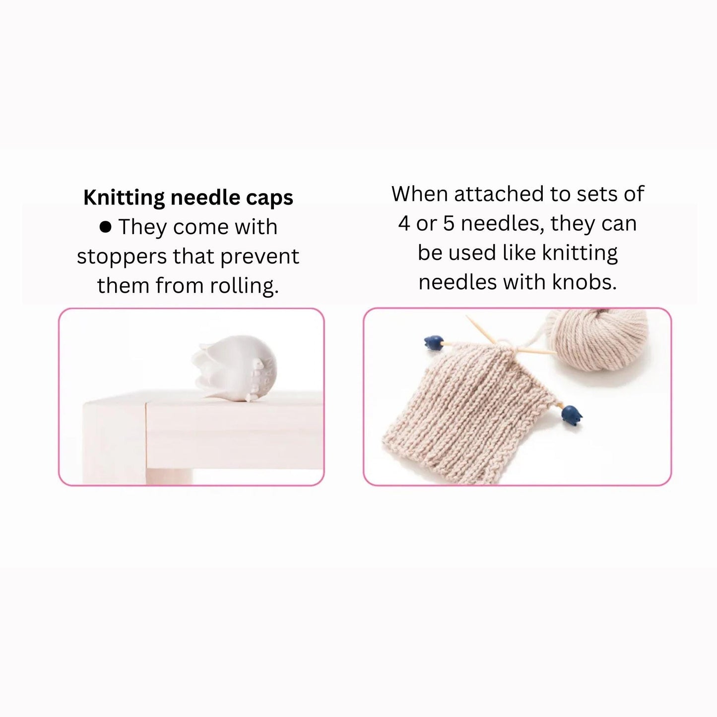 The image is a collage of two images: one showing a knitting needle cap and the other showing a knitted item with blue needles.