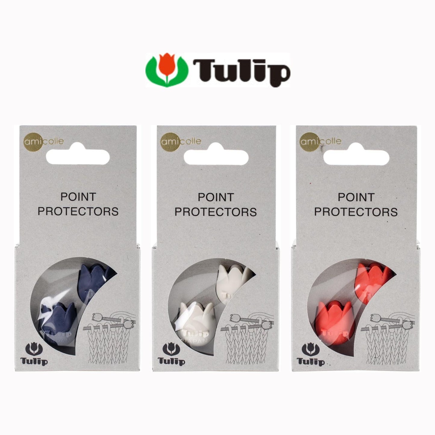 three packages of tulip-shaped flower protectors, each with a different color: blue, white, and red.