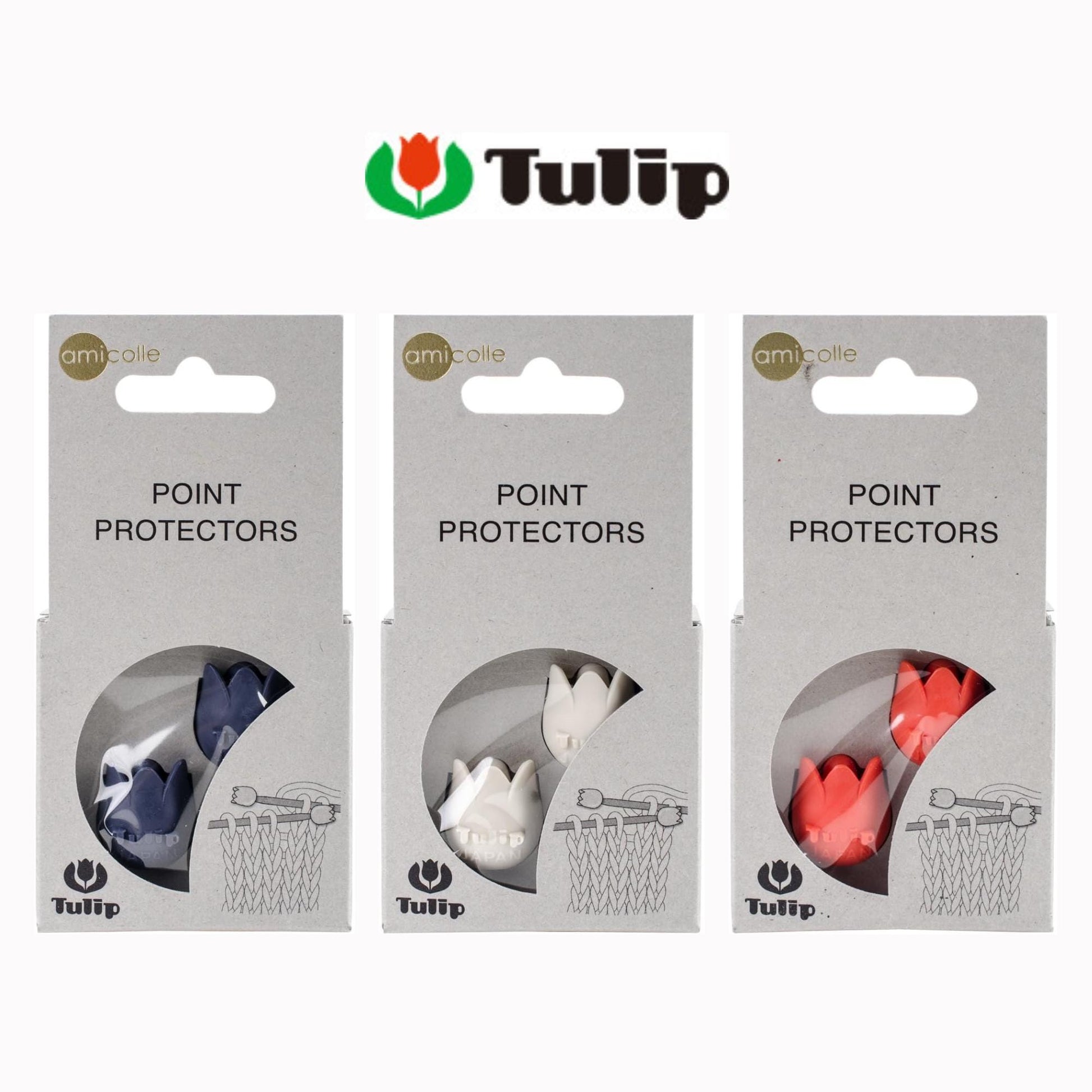 three packages of tulip-shaped flower protectors, each with a different color: blue, white, and red.