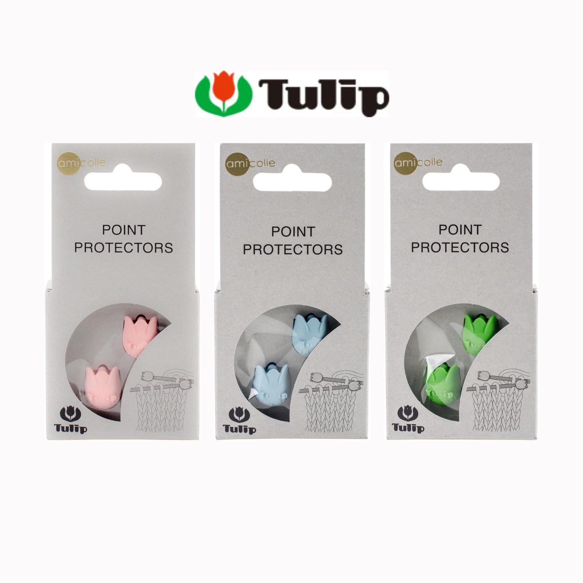 three packages of tulip-shaped flower protectors, each with a different color: pink, blue, and green.