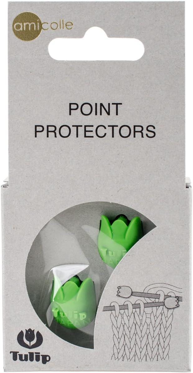 a package of point protectors, which are green plastic covers designed to protect knitting needles from damage.