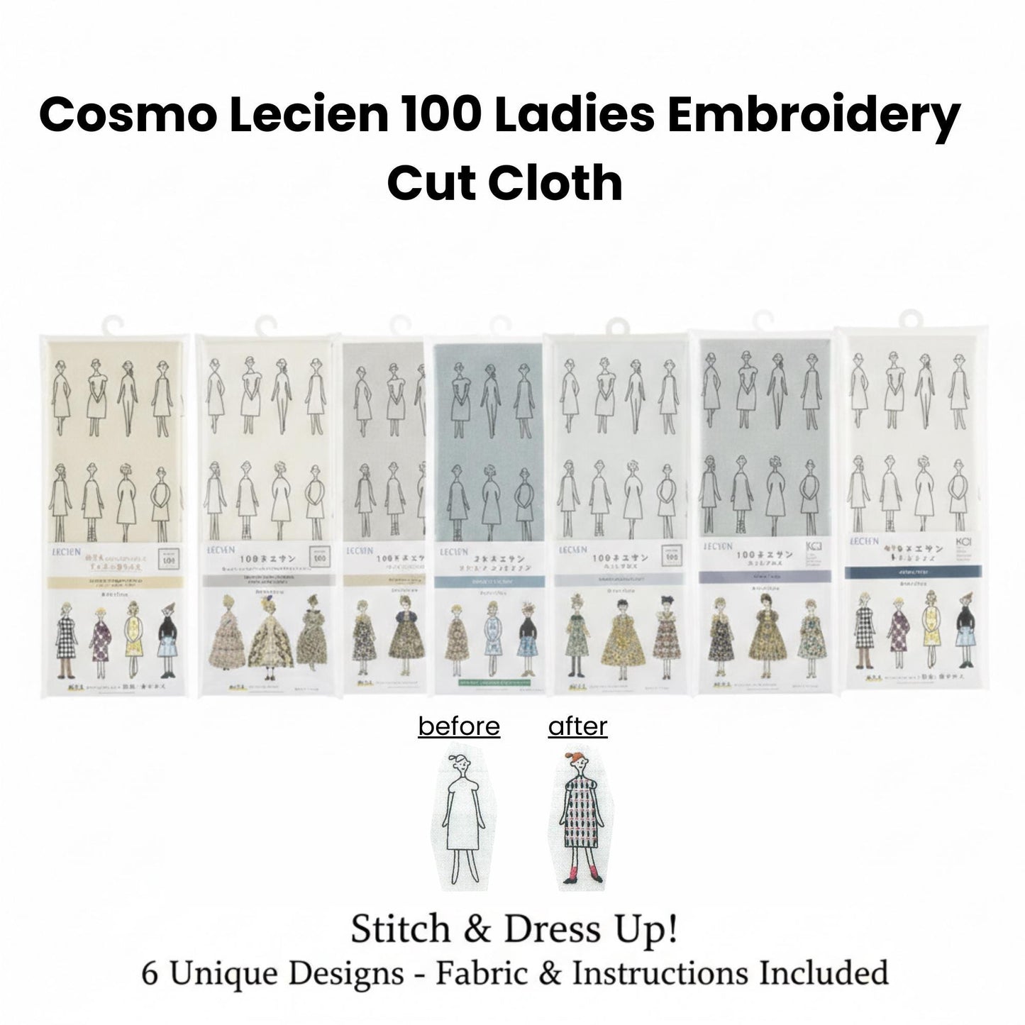 The image is a collage of six embroidery cut cloth designs, each featuring a unique pattern of stylized human figures. The designs are labeled "before" and "after" to indicate the changes made to the patterns. The collage also includes a description of the embroidery process, stating that it includes "6 Unique Designs - Fabric & Instructions Included".
