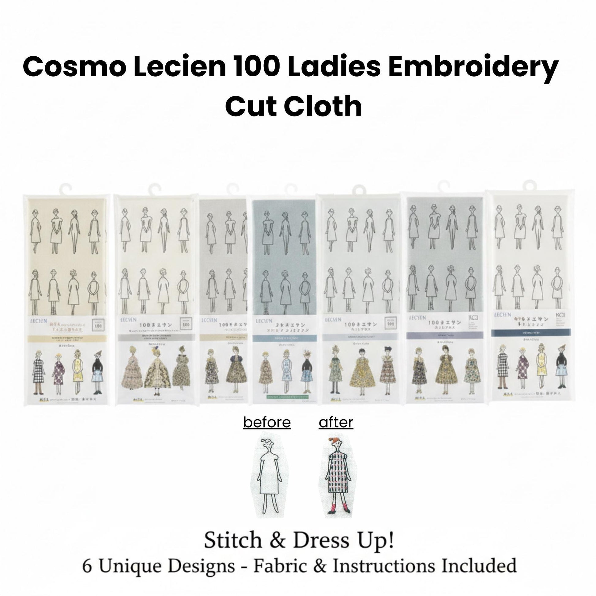 The image is a collage of six embroidery cut cloth designs, each featuring a unique pattern of stylized human figures. The designs are labeled "before" and "after" to indicate the changes made to the patterns. The collage also includes a description of the embroidery process, stating that it includes "6 Unique Designs - Fabric & Instructions Included".