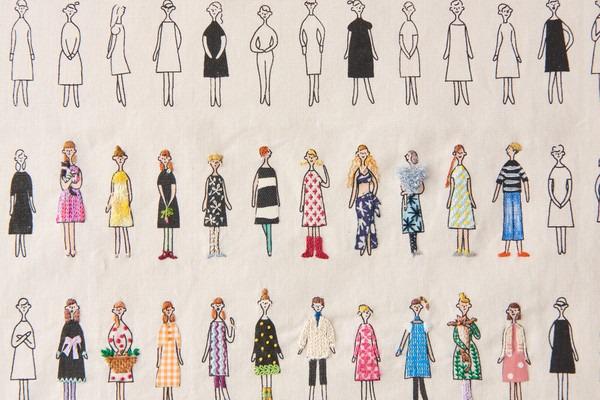 The image is a collage of various fashion illustrations, including stylized human figures in different outfits and poses.