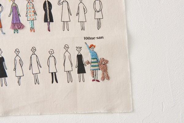 The image is a collage of various fashion illustrations, including stylized silhouettes of people and a small embroidered figure.