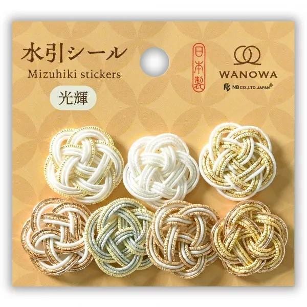 The image is a product packaging for Mizuhiki stickers, featuring various designs of knotted ribbons in different colors.