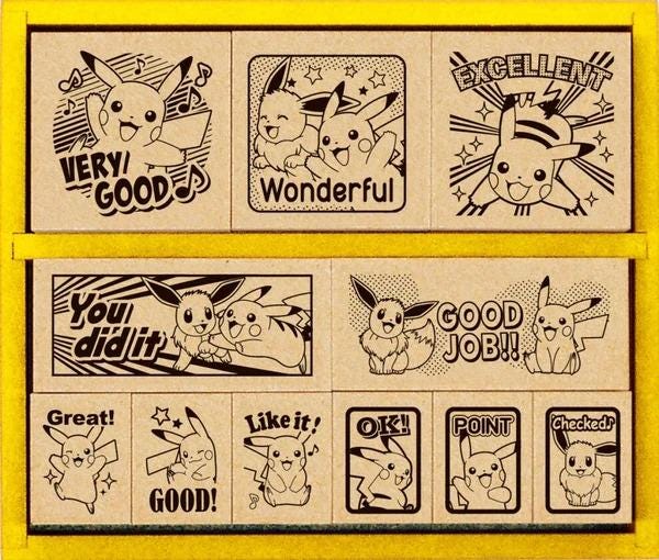 a collage of various Pokemon-themed stickers and illustrations, including characters like Pikachu and other Pokémon. The stickers feature positive messages such as "Very Good!", "Wonderful!", "You did it!", "Like it!", "OK!", and "Checked!". The stickers also depict various Pokémon poses and expressions, creating a visually engaging and playful composition.