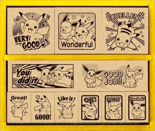 a collage of various Pokemon-themed stickers and illustrations, including characters like Pikachu and other Pokémon. The stickers feature positive messages such as "Very Good!", "Wonderful!", "You did it!", "Like it!", "OK!", and "Checked!". The stickers also depict various Pokémon poses and expressions, creating a visually engaging and playful composition.