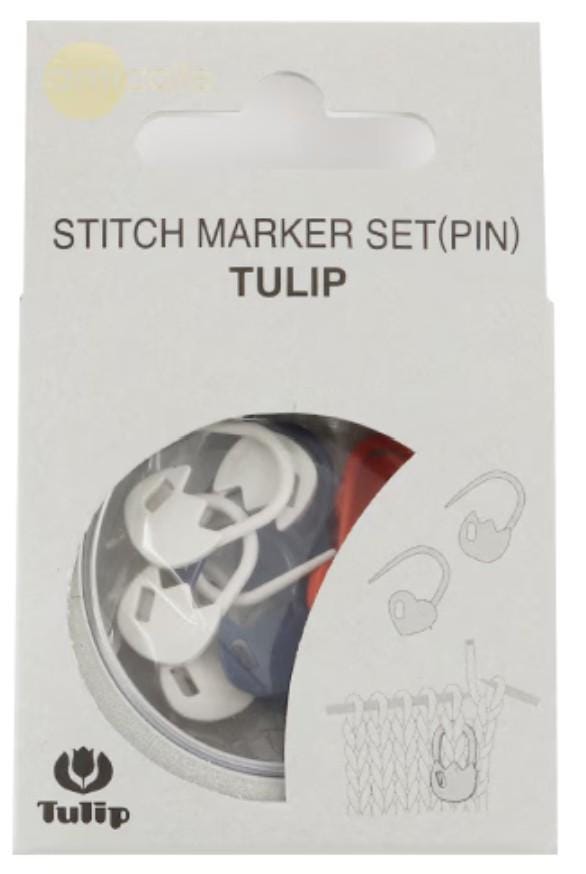 a package for a Stitch Marker Set (PIN) containing a set of white pins and a tulip-shaped needle.