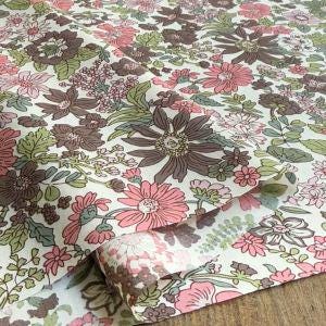 a close-up view of a fabric with a floral pattern in shades of pink, green, and brown. The pattern features various flowers and leaves, creating a visually appealing and intricate design.