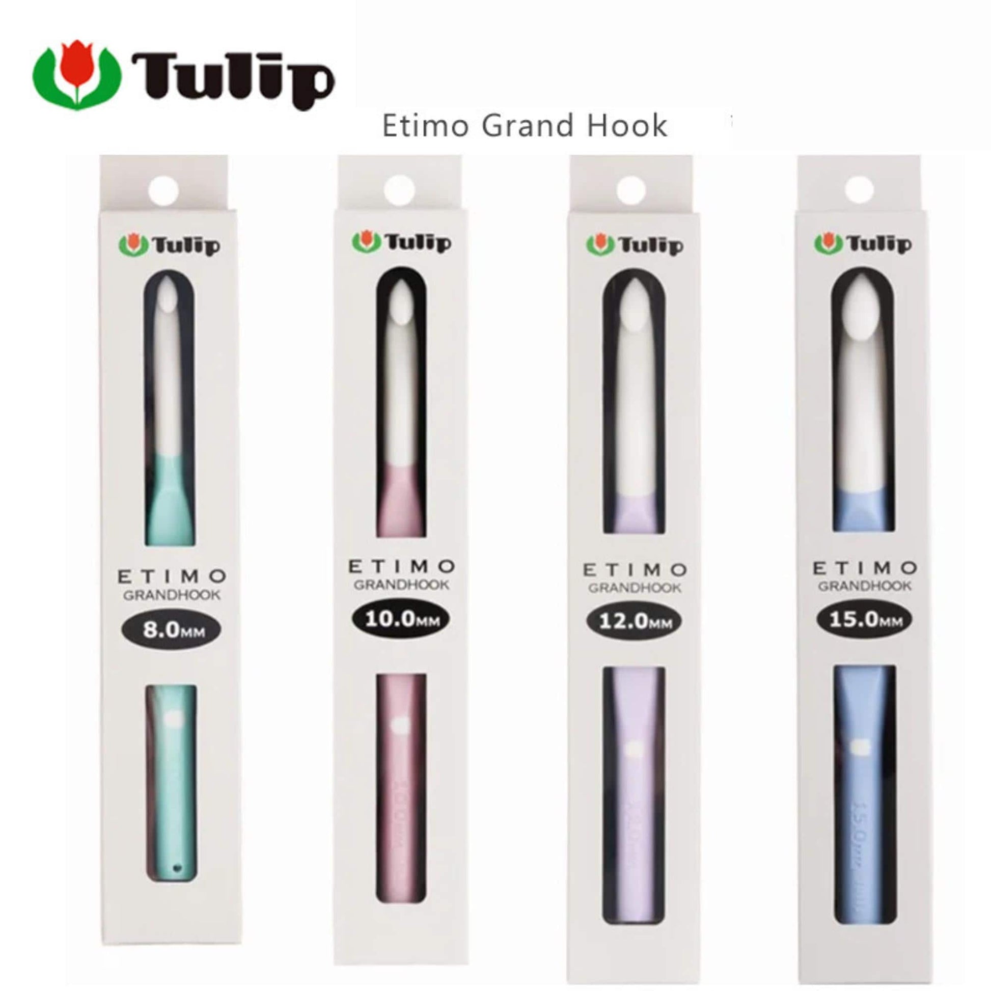 four packages of tulip granny hooks, each with a different color and size.