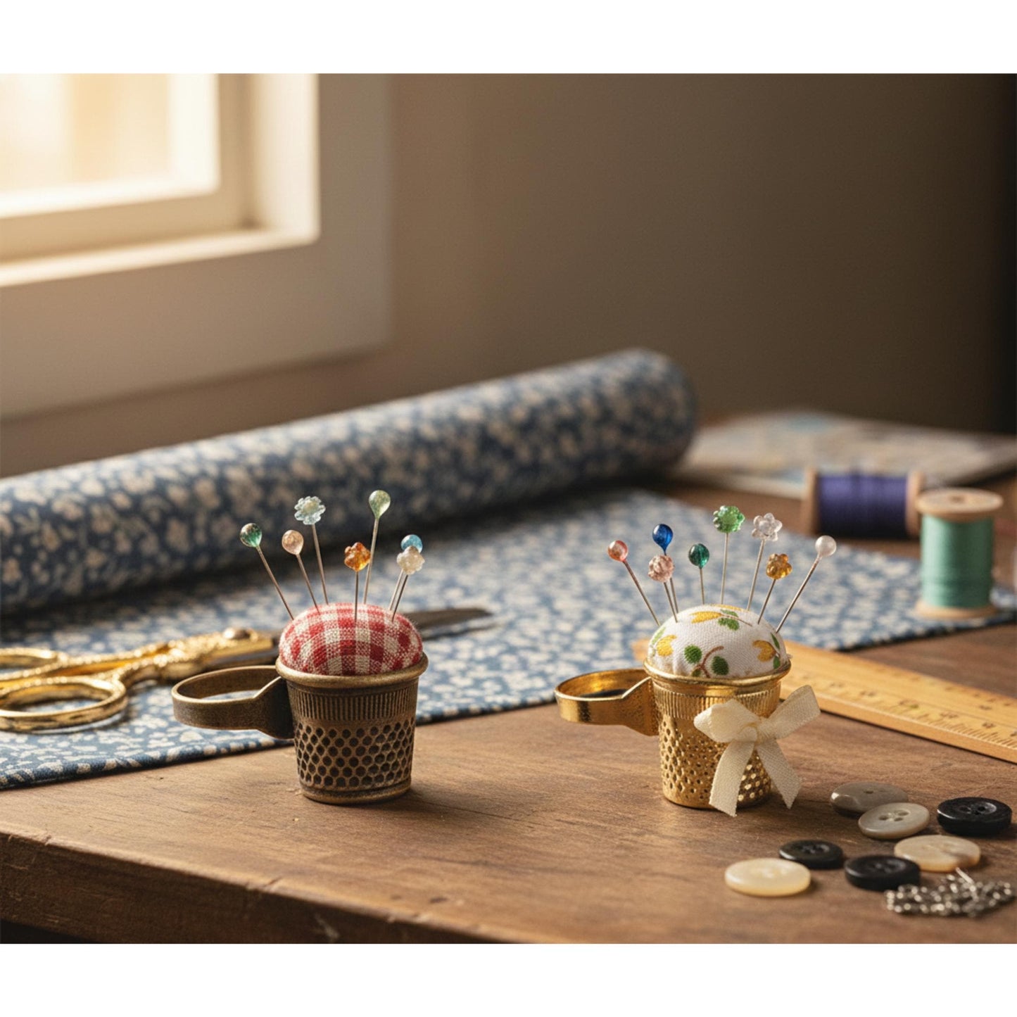 a wooden table with two small metal containers, each containing a pin cushion with colorful pins. There are also various sewing and crafting supplies, such as scissors and buttons, scattered on the table.