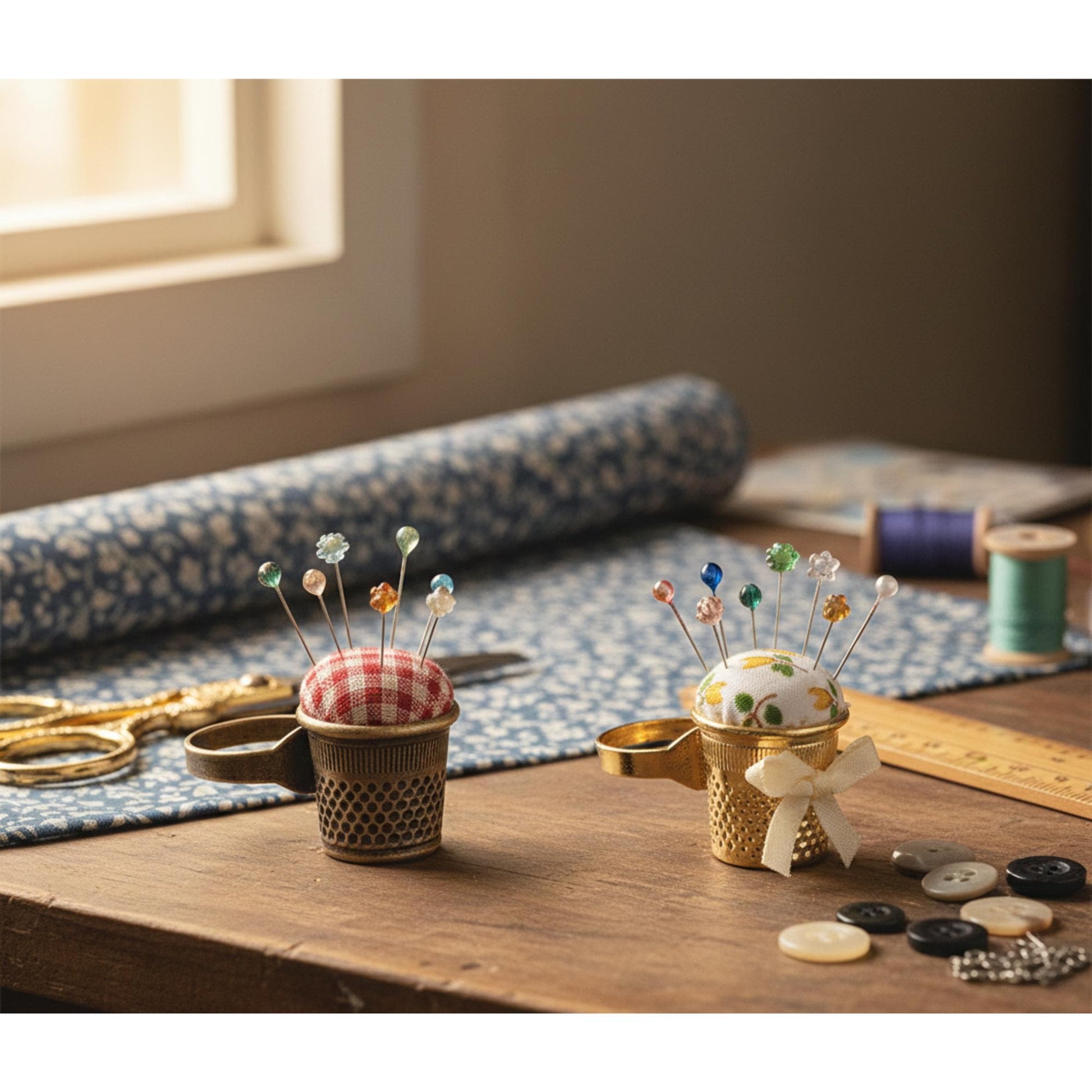 a wooden table with two small metal containers, each containing a pin cushion with colorful pins. There are also various sewing and crafting supplies, such as scissors and buttons, scattered on the table.
