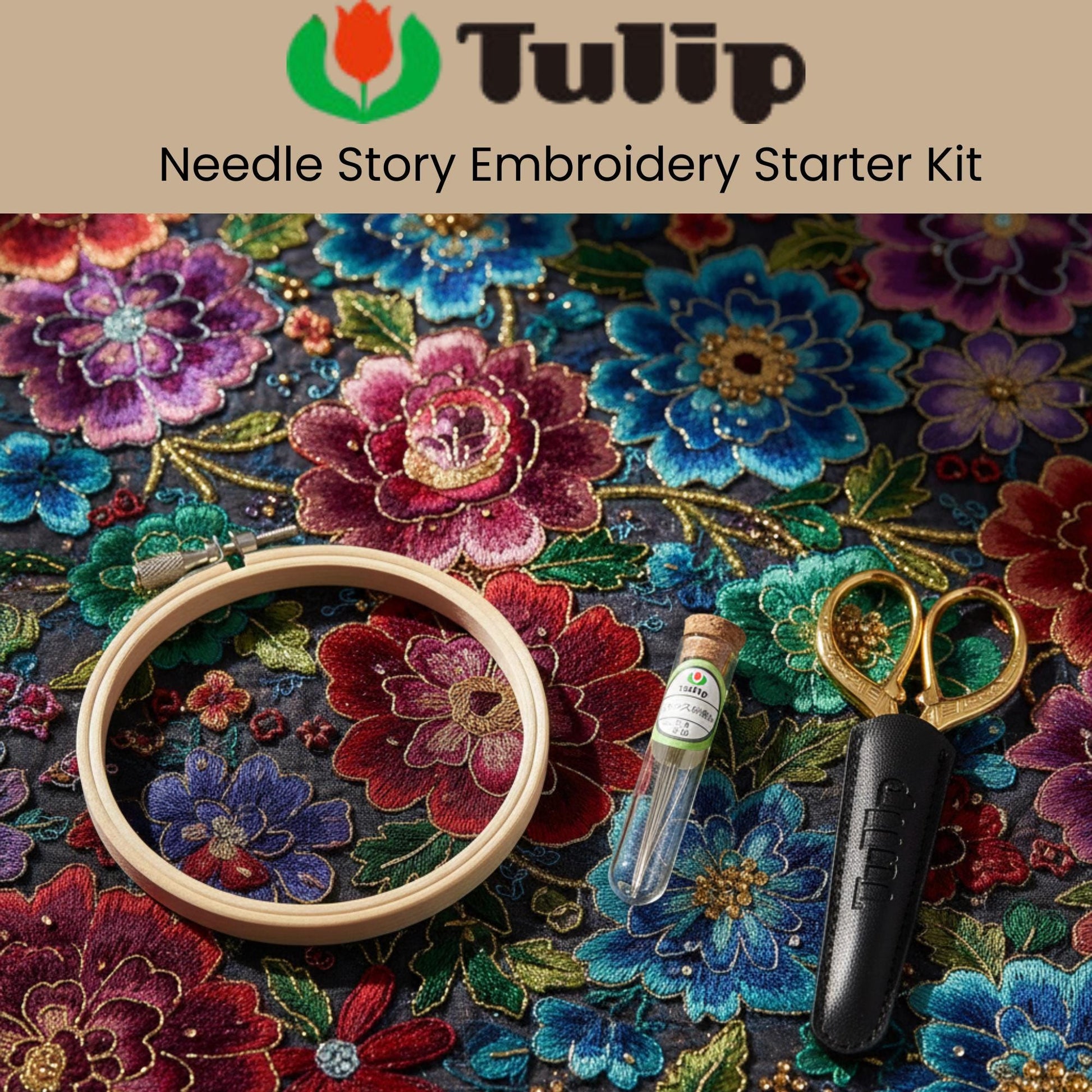 a needle story embroidery starter kit, including a hoop, a needle, and a small bottle of thread, all set against a background of colorful floral embroidery.