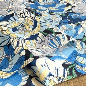 a close-up view of a fabric with a floral pattern in shades of blue, yellow, and white. The fabric appears to be a piece of paper or a textile with a printed design.