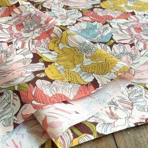 a close-up view of a fabric with a vibrant floral pattern in shades of pink, yellow, and white. The pattern is intricate and detailed, with various flowers and leaves interspersed throughout the fabric. The fabric appears to be a piece of paper or fabric with a printed design, possibly used for decorative purposes or as a textile material.