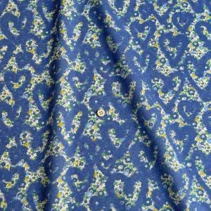 a close-up view of a fabric with a floral pattern in shades of blue and yellow. The fabric appears to be made of a soft, textured material, and there is a small button visible in the center of the fabric.