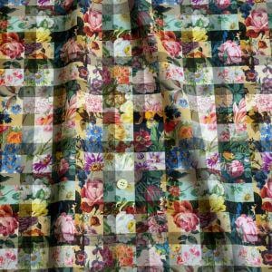 The image is a collage of various colorful floral patterns, including roses, daisies, and other flowers, arranged in a grid-like pattern.