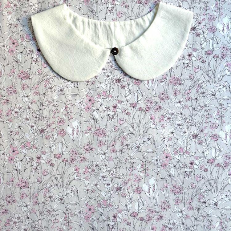 a white collar with a button, set against a background of a floral print fabric.