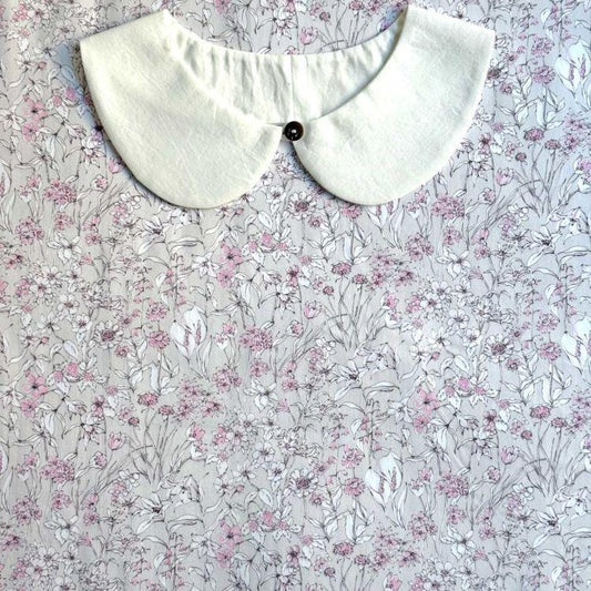 a white collar with a button, set against a background of a floral print fabric.
