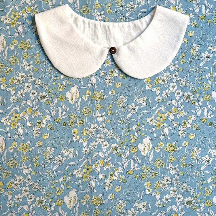 a white collar with a button, set against a blue floral background.