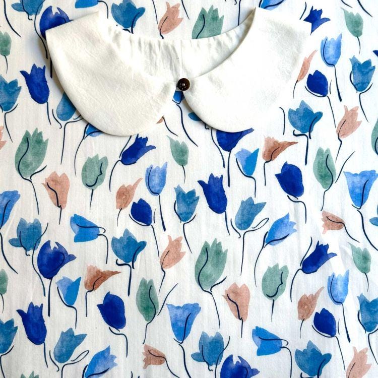 a white collar with a button, set against a background with a repeating pattern of blue and green watercolor flowers.