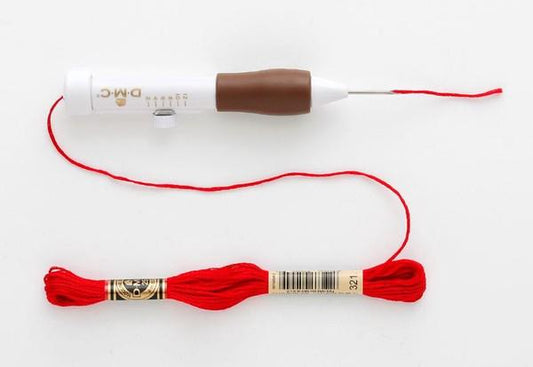 a needle and thread, with the needle having a brown handle and the thread being red.