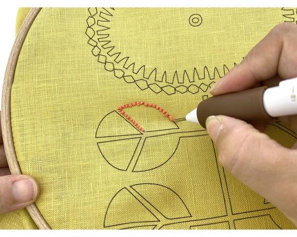 A hand is using a needle and thread to embroider a design onto a yellow fabric.
