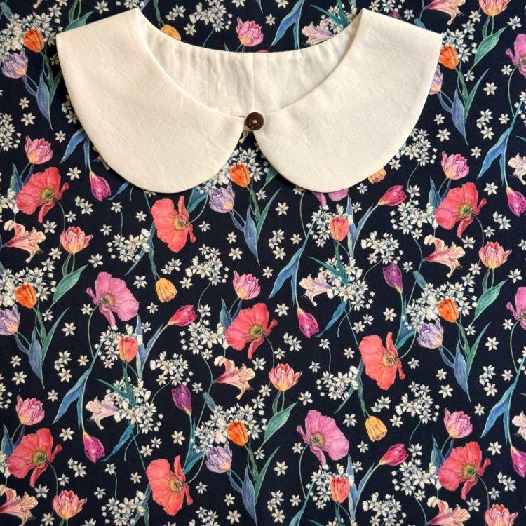 a white collar with a button, set against a background of a floral print with various colored flowers and leaves.