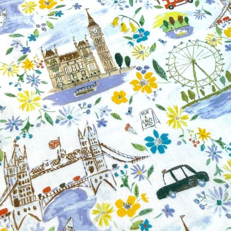 The image is a collage of various illustrations and objects, including a clock tower, a ferris wheel, a bridge, flowers, and a car.