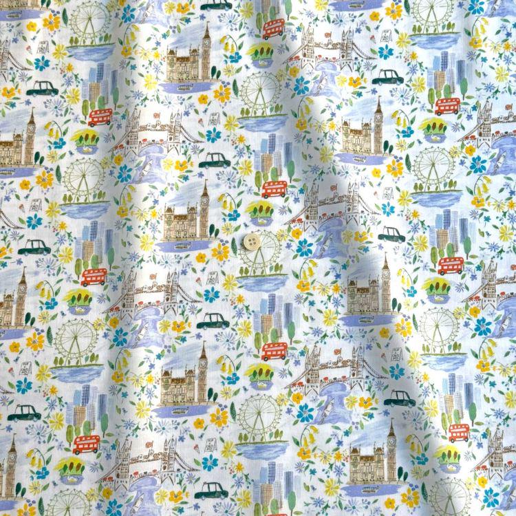 The image is a collage of various illustrations of landmarks and attractions in London, including the London Eye, Big Ben, the Palace of Westminster, and the Houses of Parliament. The illustrations are depicted in a colorful and detailed manner, showcasing the city's iconic architecture and culture.