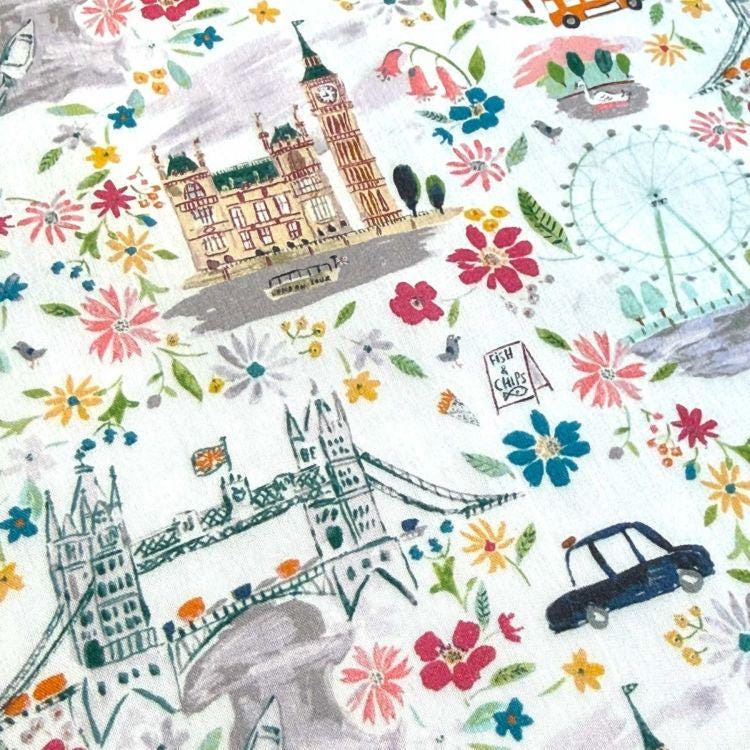 The image is a collage of various illustrations and scenes, including landmarks such as Big Ben, the London Eye, and the Tower Bridge, as well as a car and flowers. The overall composition is colorful and visually engaging, featuring a mix of architectural and natural elements.