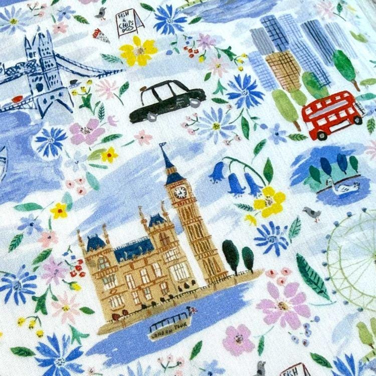 The image is a collage of various illustrations and objects, including landmarks, vehicles, and flowers, all set against a white background.
