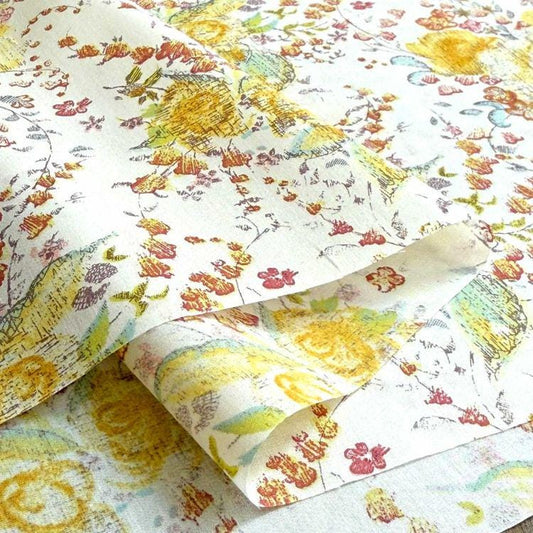 The image is a close-up of a fabric with a floral pattern, featuring various colors and shapes.